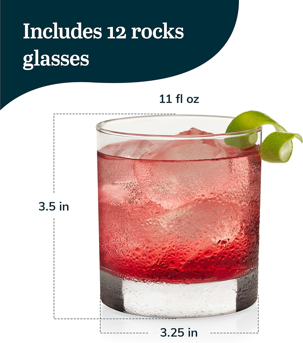 Libbey 917CD Heavy Base Rocks Glasses Set of 12, Rocks Whiskey Glasses Set with Simple Lines, Dishwasher Safe Cocktail Drinking Glasses, Ideal Rocks Glassware for Special Moments