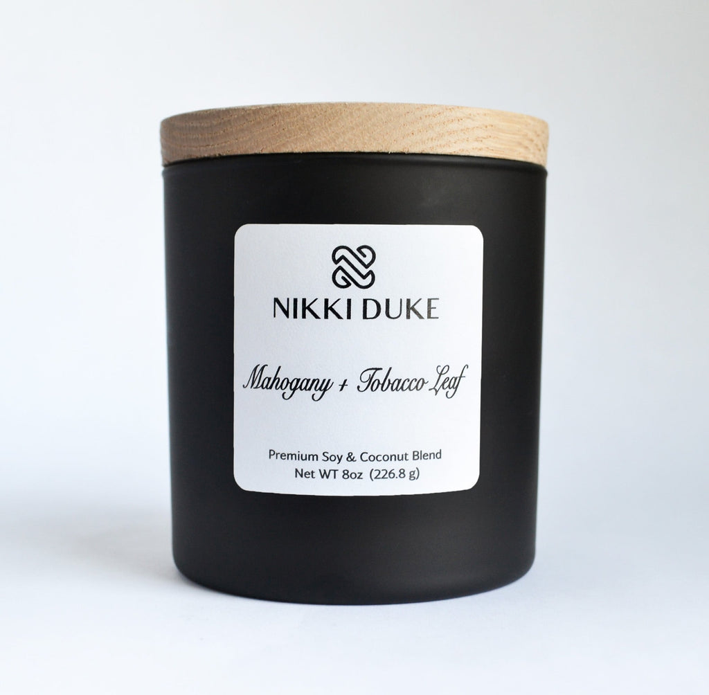 Nikki Duke Mahogany + Tobacco Leaf  8 oz Premium Soy Candle