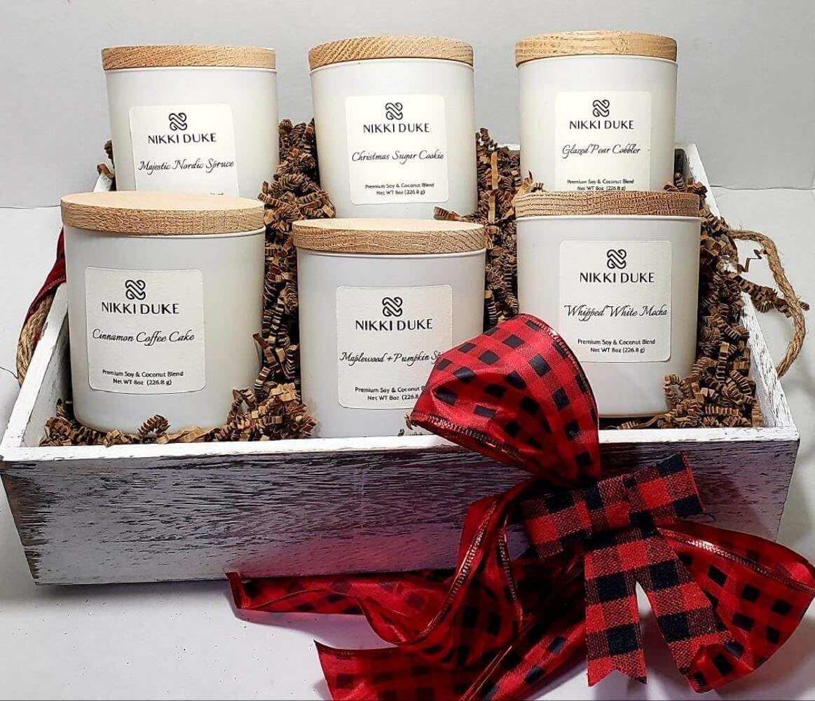 Holiday Candle Gift Set, 6-Piece Candles for Home Scented Collection, 70 Hour Burn Time, Soy Coconut Blend Wax, Cozy Scents Like Nordic Spruce & Sugar Cookie, Hand Poured in USA, 8 oz Each