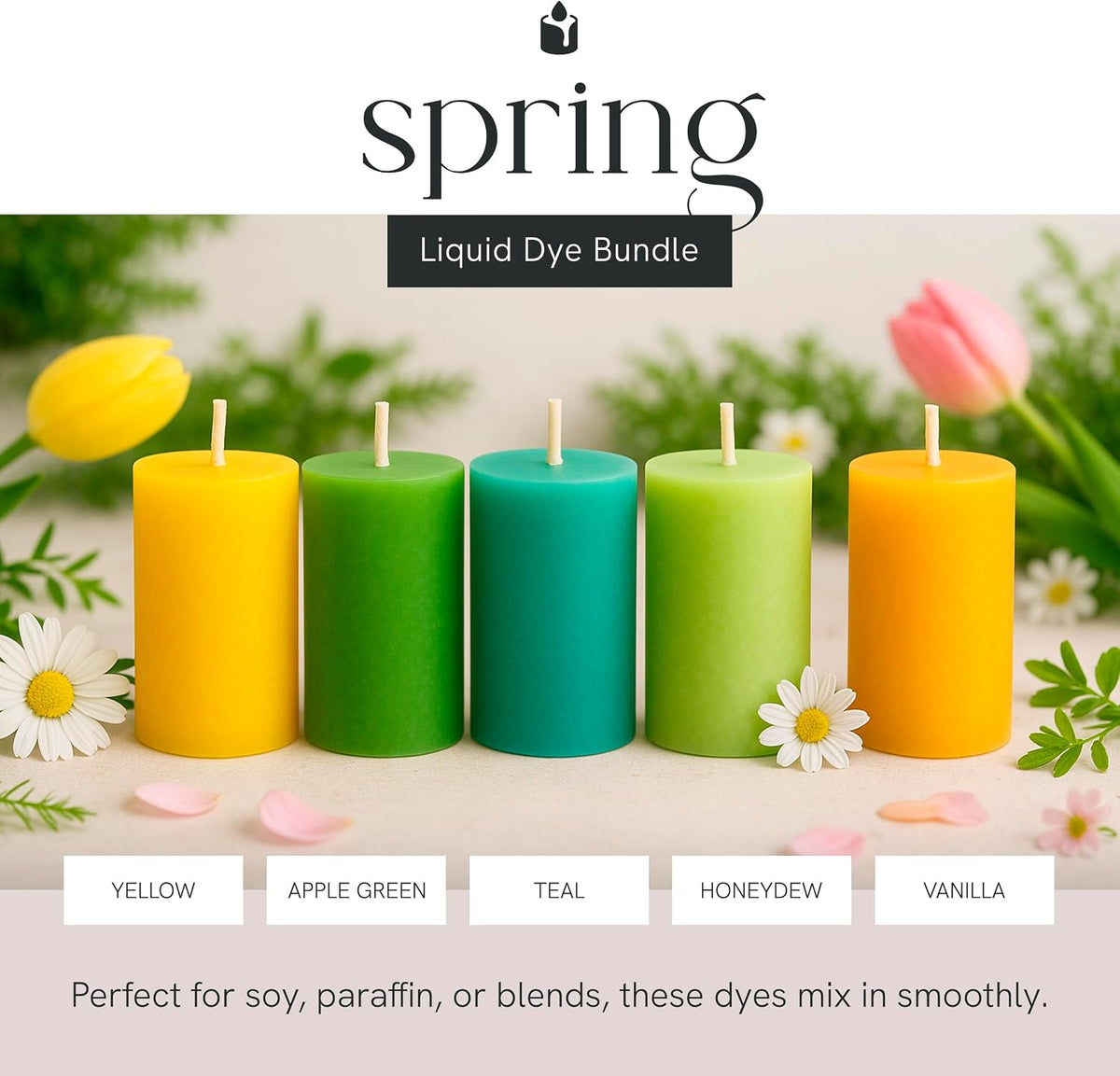 Spring Liquid Candle Dye Bundle, Highly Concentrated Liquid Dyes for Candle Making in 5 Shades, Soluble for Flawless Blending, Yellow, Apple Green, Teal, Honeydew/Lime, Golden Honey/Vanilla, 1 oz Each