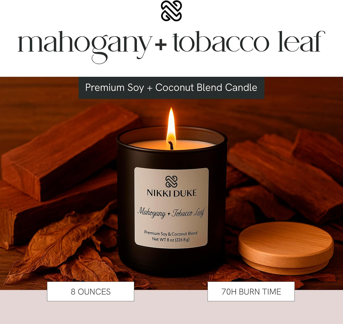 Mahogany & Tobacco Leaf Candle, Hand-Poured Soy & Coconut Wax Blend, Earthy Aroma with Rich Wood & Smoky Tobacco Leaf Notes, 40 Hr Even Burn Candles for Home
