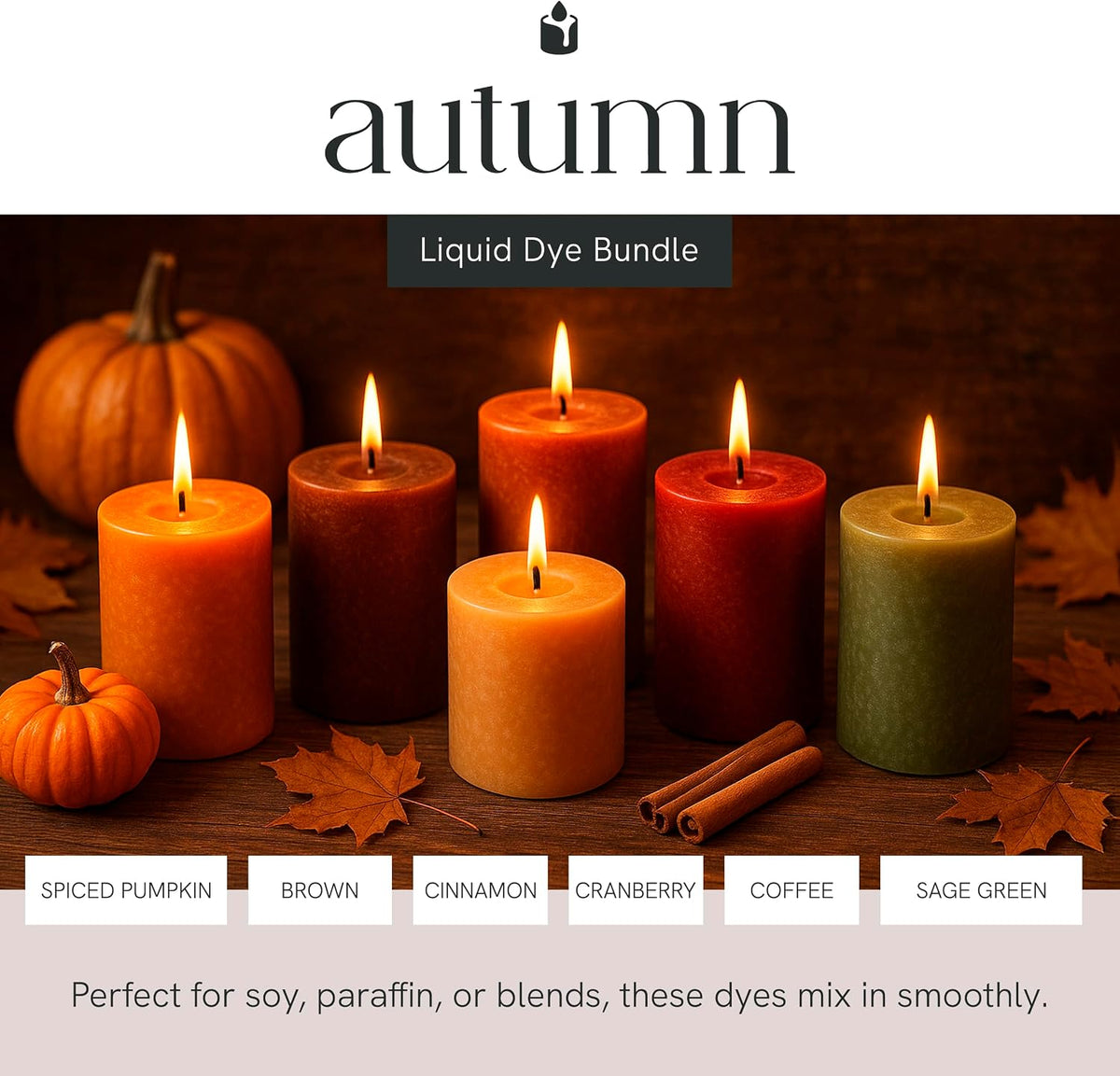 Autumn Liquid Candle Dye Bundle, Highly Concentrated Liquid Dyes for Candle Making in 6 Rich Shades, Soluble for Flawless Blending, Spiced Pumpkin, Cranberry, Coffee/Caramel, Brown & More, 1 oz Each