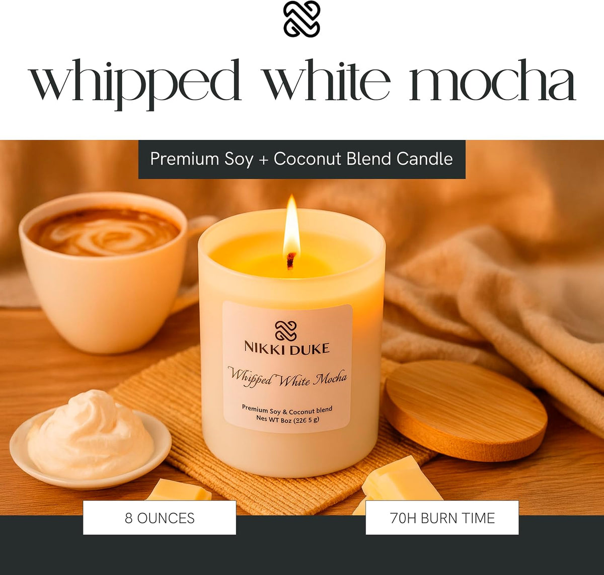 Whipped White Mocha Candle, Hand-Poured Soy & Coconut Wax Blend, Indulgent Aroma with Sweet Cream, Cocoa & Mocha Notes, 40 Hr Even Burn Candles for Home Scented Collection, 8 oz Jar
