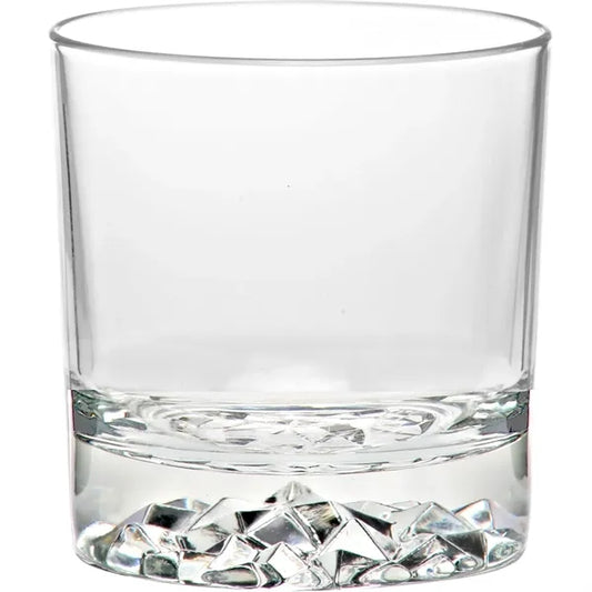 Clear glass tumbler with textured base in the Nevado Denver OTR product display